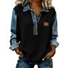Generic Felpa da donna in denim patchwork vintage stampa leopardata pullover da donna polo con scollo a V Polo con cuciture alla moda camicia in denim splicing per uscire top ufficio lavoro uso quotidiano