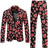 Generisch Vestito per San Valentino, da uomo, con stampa a cuore, 2 pezzi, giacca e pantaloni slim fit, abito da uomo, divertente per feste stampato, tuta per il tempo libero, Nero , L