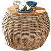 Loberon Sartrouville Tavolino di complemento - Corpo in Rattan Intrecciato - Piano d'appoggio in Legno di Teak Massiccio, Marrone