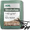 AGRI Plus Tessuto Non Tessuto di Paglia 9,8 x 12,5 m, con 12 Chiodi in plastica, 140 g/m², Tessuto di Protezione in Polipropilene, Resistente alle intemperie e ai Raggi UV