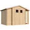 TIMBELA M389 Casetta da Giardino in Legno per Esterni con legnaia CON PAVIMENTO TRATTATO- L206xL328xA218 cm/ 3,53 + 0,97+0,97 m2 - Piccola Casetta in Legno, Rimessa Attrezzi, Deposito Bici
