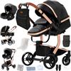 Magic ZC Pelle PU Passeggino Trio, Passeggino 3 in 1 con Spinta Reversibile a Due Vie, Trio Neonati con Accessori, Carrozzina per Neonati con Design Portatile Pieghevole Un Clic (B518 Black)