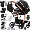 Doraystar Pelle PU Passeggino 3 in 1, Passeggino Trio con Due Modalità di Spinta Reversibile, Passeggino Neonati con Design Pieghevole in Un Clic, Trio Neonato Grande Nacelle Comoda (L518 Black)
