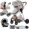 Magic ZC Passeggino Trio, Passeggino 3 in 1 con Doppia Modalità Push Reversibile, Trio Neonati con Grande Navicella, Carrozzina per Neonati in Alluminio Pieghevole (V9 Light Grey)