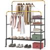 COSTWAY Stand Appendiabiti a Doppia Asta, con Barre Regolabili Ripiani per Riporre Ruote Bloccabili e Scarpiera, Appendiabiti in Acciaio, 135x54x167 cm, Carico 100kg (Nero+Oro)