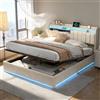 BRILVERDE Letto 140x200 con Contenitore Idraulico, con LED e USB, con Rete a doghe e testiera Imbottita, per Adulti e Adolescenti, Velluto (Beige, 140 x 200 cm)