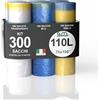 G.M. DISTRIBUZIONE KIT GM 300 Sacchi Spazzatura Con Maniglie: 100 GIALLI, 100 TRASPARENTI, 100 AZZURRI, Misura 70x110 cm, Capacità 110 Litri, Sacchetti per Raccolta Differenziata Antigoccia, 30 Rotoli da 10 Pezzi