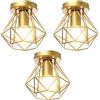 iDEGU 3 Pezzi Plafoniera Vintage E27 Lampadario Soffitto Industriale 16cm Paralume in Metallo Design Gabbia Retrò E27 Lampada da Soffitto per Corridoio, Camera da Letto, Cucina (Gabbia A, Dorato)