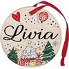 Corredino Neonato Pallina di Natale Personalizzata con Nome Livia, cerchetto piatto per Decorazione Natalizia con Nastro Rosso - made in Italy - Addobbo Albero diametro 8 cm in Legno, nome Livia