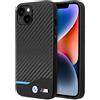 CG MOBILE BMW - Custodia per iPhone 14 Plus, nera con linea blu orizzontale inferiore, custodia protettiva in fibra di carbonio PU e resistente con facile scatto, assorbimento degli urti e logo