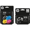 HP 308 - Confezione da 2 cartucce d'inchiostro nero/tricolore originali e cartucce d'inchiostro nero HP 308