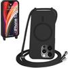 FMPCUON FNPCUON Cover Magnetica Silicone per iPhone 15 Pro con Cordino,Compatibile con MagSafe,Custodia con Laccio Collana Tracolla Collo Sottile TPU Antiurto Protettiva Case con Corda.Nero
