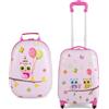GYMAX Set di Valigia per Bambini, Trolley Bagaglio di 2 Pezzi a Mano Cavalcabile con Cinghia e Tracolla, Valigia Rigida con Ruote e Zaino, Regalo per Bambino e Bambina (12+16, Gufo 2)