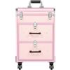 OUKANING Valigetta cosmetica trolley, 40 scomparti+2 cassetti, capacità di carico di 50 kg, 4 ruote universali e serrature, per trucco, parrucchiere, rumore basso, Colore: rosa., 57*36*23cm, moderno