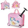 GYMAX Set di 2 Pezzi Valigia e Zaino per Bambini, Trolley Bagaglio a Mano Cavalcabile con Cinghia e Tracolla, Valigia Rigida da 47 cm con Ruote e Zaino da 30 cm, Regalo per Bambino e Bambina