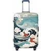 Helhappy Copertura per bagagli da viaggio, protezione per valigia, con fiori bianchi e verdi, lavabile, in spandex, elastica, 45-81 cm, Onde in stile giapponese, XL