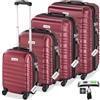 tectake® Set di 4 Valigie Rigide Mila, Trolley Inseribili con Rotelle Girevoli a 360°, Maniglia Telescopica Regolabile, Spazio Interno Espandibile, Robusta, Bilancia, Etichette - Rosso Vino
