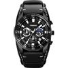 TONSHEN Uomo Analogico Quarzo Orologio Fase Lunare Calendario Cronometro Sportivo Orologi da Polso Acciaio Inossidabile Cassa e Pelle Cinturino (Nero)