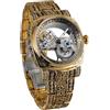 BOLYTE Orologio meccanico automatico da uomo, scheletro, cassa quadrata con incisioni vintage, movimento ponte a vista, lancette luminose, cinturino in acciaio inox e chiusura deployante, Oro, Retrò