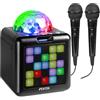 Fenton KAR15B - Altoparlante per karaoke, per bambini, Bluetooth con batteria con 2 microfoni, colore: nero, palla da discoteca e facciata LED in ritmo con musica, 4 effetti vocali, ideale per feste