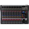 panfudongk Mixer professionale audio DJ mixer soundboard console 12 canali sistema da tavolo per studio, Bluetooth\USB, nero