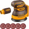 INGCO Levigatrice orbitale casuale senza fili da 20 V, 125 mm (solo corpo), motore senza spazzole, 6 velocità variabili, 5 carte vetrate, levigatrice elettrica ideale per levigare, lucidare il legno,