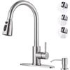 WOWOW Rubinetto per lavello da cucina con dispenser di sapone, rubinetto da cucina estraibile in acciaio inox nichel spazzolato rubinetto per lavello monocomando rubinetto da cucina ad arco alto per