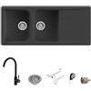QUARECO Set Lavello Prime 116 116×50 Nero Granito e Miscelatore First Monocomando Canna Girevole Nero Quareco