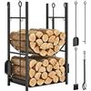 Outsunny Portalegna da Interno ed Esterno Rialzato a 2 Ripiani, Porta Legna da Ardere in Metallo con Supporti Rimovibili, Paletta, Scopa, Attizzatoio e Pinza, Capacità 70 kg, 44.5x29.5x73 cm, Nero