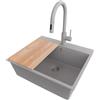 PRIMAGRAN Lavandino da Cucina Tutto Grigio 58x50cm, Lavello in Granito a 1 vasca + Rubinetto 40x20cm + Set di accessori, Lavabo da Cucina Incasso al Mobile 60cm - Riga S362