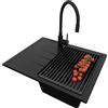 PRIMAGRAN Lavandino da Cucina Tutto Nero 62x50cm, Lavello in Granito a 1 vasca + Rubinetto 40x38cm + Set di accessori, Lavabo da Cucina Incasso al Mobile 40cm - Milano S044