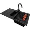PRIMAGRAN Lavandino da Cucina Tutto Nero 90x50cm, Lavello in Granito a 1,5 vasche + Rubinetto 32x20cm + Set di accessori, Lavabo da Cucina Incasso al Mobile 60cm - Copenhagen Duo S054
