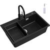 CECIPA Lavello Cucina Nero con Rubinetto a Doccetta Estraibile, 70 x 45 cm Lavandino Cucina 1 vasca in Granit con Dispenser Sapone e Cestello Scarico, Incasso al mobile 80cm, con Sifone