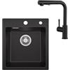 Sofetiy Lavello da cucina in granito nero, 40 x 45 cm, con rubinetto da cucina, allungabile, nero, con sifone, lavello in granito, rettangolare, con 2 fori per rubinetto, 1 bacino