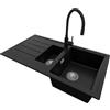 PRIMAGRAN Lavandino da Cucina Nero 90x50cm, Lavello in Granito a 1,5 vasche + Rubinetto 40x38cm + Set di accessori, Lavabo da Cucina Incasso al Mobile 60cm - Copenhagen Duo S027