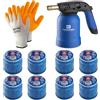 HYTAMA TOOLS Lampada per Saldare Kemper + 8 Bombole Gas Butano Sicuro + 2 Guanti Omaggio | Cannello Accendifuoco Professionale per Fai-da-Te, Barbecue, Diserbo, Saldature Leggere