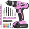 FADAKWALT Set trapano a batteria, Trapano elettrico da 20 V con batteria e caricabatterie, coppia 30N, impostazioni 21+1, mandrino autoserrante da 3/8, kit punte driver, luce LED (rosa)