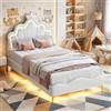 BIYFSDS Letto per bambini 90 x 190 cm, letto imbottito 90 x 190 con LED, letti da principessa per ragazza a forma di corona con rete a doghe e testiera regolabile con telaio letto imbottito (bianco-2, 90 x