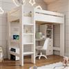 Dolamaní Letto a soppalco 90 × 200 cm con scrivania a forma di L, ripiani e cassetti con area di carico USB/Tipo C, letto con scala e rete a doghe in legno, lettino e letto singolo (bianco A)