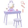 RELAX4LIFE Toeletta Trucco per Bambina con 7 Lampadine LED, 3 Colori di Luci, Specchiera Trucco con Sgabello, Toeletta in Legno, Specchio Rimovibile, per Bambini 3-7 Anni (Viola)