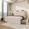 Wyibwy Letto imbottito 160 x 200 cm, letto matrimoniale con con 4 cassetti e porta USB Tipo-C, in tessuto di lino,Testata imbottita con finiture dorate, per adulti e Bambini,beige (160x200cm)