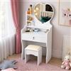 GrecoShop Scrivania Bambini Toeletta Vanity Table Tavolo Trucco Specchio e Sgabello, Mobile Make‑Up+Cassetto e Ripiani, Postazione Trucco per Ragazze e Bambine, Arredo Bianco per Camera da Letto