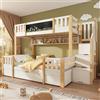 Cayipng Letto a Castello per Bambini 3 posti con Lavagna+Cassetto Estraibile, Letto bambini con Scala Portaoggetti,3 Vani Portaoggetti,Letto a Soppalco Salvaspazio 90x200+140x200 cm,Legno Massiccio,EN747