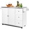 COSTWAY Carrello da Cucina, Isola da Cucina con Piano in Acciaio Inox, Armadietto a 2 Ante e 3 Cassetti, Ripiani Regolabili e Portasciugamani e Portaspezie, 135x45,5x 91,5 cm (Bianco)