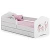 KOBI Letto per bambini Fala 140 x 70 con cassetto per biancheria da letto, bianco, con grafica ragazza con unicorno, ragazze, per una cameretta dei bambini