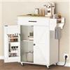 HOOBRO Tavolo Isola Cucina con Prese Elettriche, Carrello da Cucina con Cassetti e Porta Spezie, Carrello Isola da Cucina, con 2 Prese, Bianco e Colore Legno Naturale EWN88CZD01