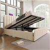 SUKY Letto imbottito doppio, ricarica USB tipo C, testiera imbottita con strisce dorate, materiale di lino, cuscinetti idraulici (beige/senza materasso, 180x200