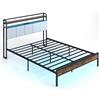RELAX4LIFE Letto Matrimoniale 140x220 cm con Stazione di Ricarica, Struttura Letto con Luci LED a Telecomando, Testata Imbottita, Struttura a Doghe con Contenitore, Max 500 KG