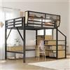 Dolamaní Letto a soppalco 140 x 200 cm, telaio in metallo con scala di sicurezza e armadio, altezza 191 cm, letto con rete rimovibile e protezione contro le cadute, per adolescenti adulti (nero)