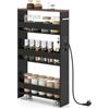 GIANTEX Scaffale per Nicchia da 20 cm di Larghezza, con Base di Ricarica, 4 Piani in Legno su Ruote, Scaffale Sottile per Cucina e Bagno, Carrello a Rotelle (Marrone+Nero, Largo 13 cm, con presa)